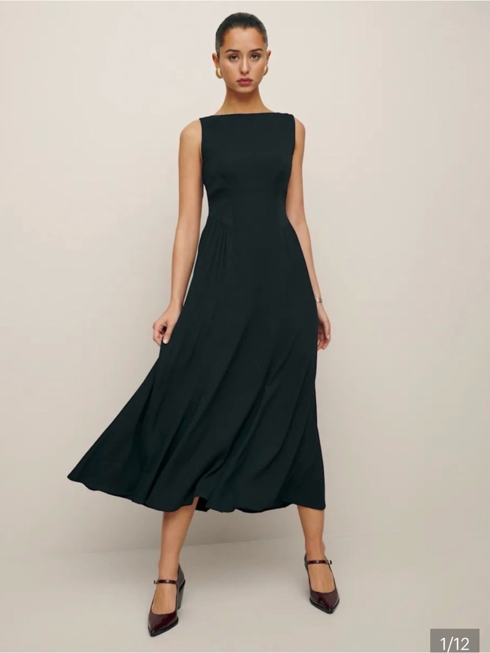 Reformation Sleeveless Black A-Line Midi Dress with drop waist